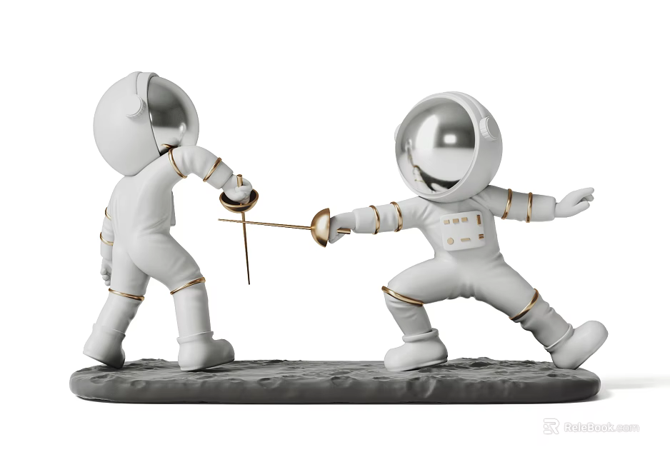 Two Astronaut Fencing Decorative Figurine Set in White Spacesuits with Golden Details on Gray Base 3d model 