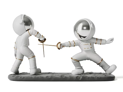 Two Astronaut Fencing Decorative Figurine Set in White Spacesuits with Golden Details on Gray Base 3d model