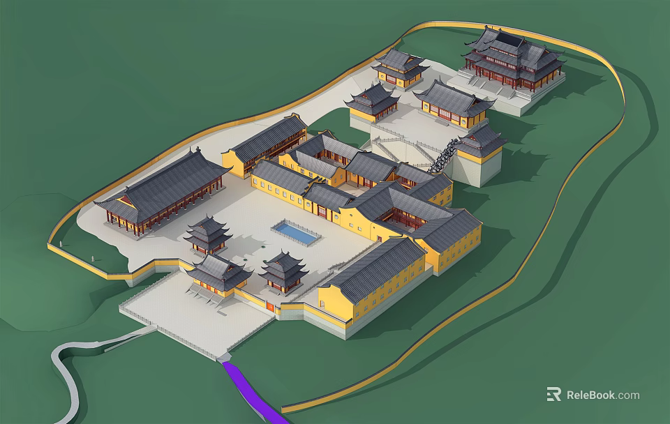 Traditional Ancient Architectural Complex With Courtyard And Classic Roof Structures 3d model 