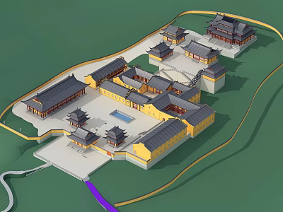 Traditional Ancient Architectural Complex With Courtyard And Classic Roof Structures 3d model