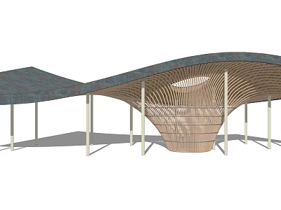 Modern Pergola Design With Wavy Roof Wooden Structure And Support Columns 3d model
