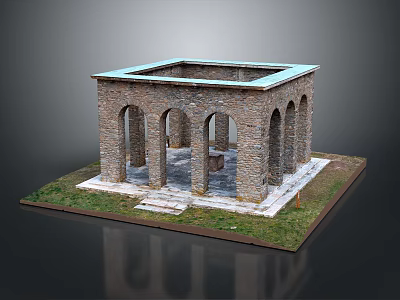 Stone Architectural Model With Square Structure Arched Doorways And Light Blue Roof On Grass Base 3d model