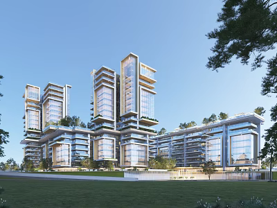 Modern High Rise Residential Buildings With Glass Curtain Walls And Greenery In Surrounding Landscape 3d model