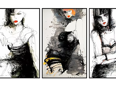 Three Female Artistic Portraits With Ink Watercolor Style And Red Lips 3d model