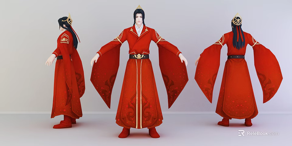 Ancient Costume Character In Red Robe With Golden Decorations Long Hair Three Sided 3d model 