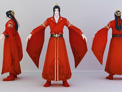 Ancient Costume Character In Red Robe With Golden Decorations Long Hair Three Sided 3d model