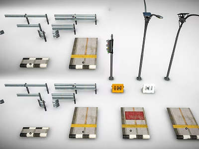 Road Facilities Including Guardrails Speed Bumps Street Lamps And Traffic Signs 3d model