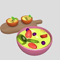Fresh Mixed Fruit Salad in Pink Bowl with Wooden Tray and Mint Leaves