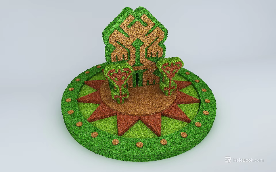 Garden Ornament With Circular Green Base Red Patterns House Shaped Topiary And Small Trees 3d model 
