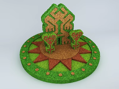 Garden Ornament With Circular Green Base Red Patterns House Shaped Topiary And Small Trees 3d model