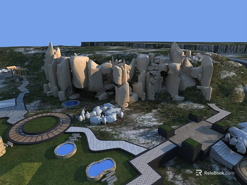 Natural Garden Ornamental Layout With Stone Sculptures Winding Paths And Small Ponds 3d model 