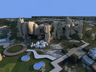 Natural Garden Ornamental Layout With Stone Sculptures Winding Paths And Small Ponds 3d model