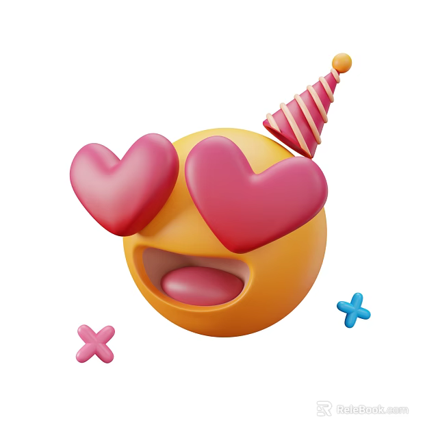 Playful Game Movie Character With Heart Shaped Eyes Party Hat Open Mouth And Cross Symbols 3d model 