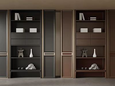 Elegant New Chinese Style Full Wall Bookcase With Built In Storage Drawers Books And Ornaments 3d model