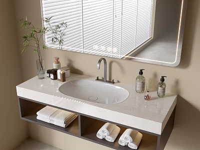 Modern Bathroom Vanity Cabinet With Marble Countertop Sink Faucet Towels And Mirror 3d model