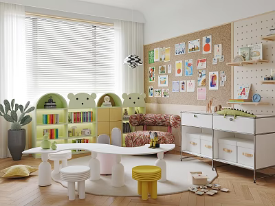 Kids Room Interior Design With Corkboard Photos Bookshelf Storage Cabinets Round Table And Colorful Stools 3d model