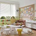 Kids Room Interior Design With Corkboard Photos Bookshelf Storage Cabinets Round Table And Colorful Stools