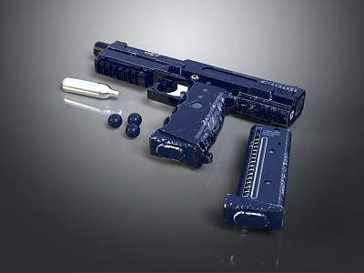 Detailed Blue Pistol With Disassembled Magazine Bullets And Grip Components 3d model