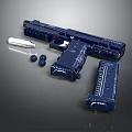 Detailed Blue Pistol With Disassembled Magazine Bullets And Grip Components