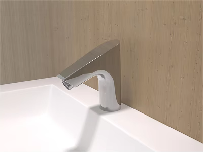 Modern Chrome Faucet on White Countertop with Wooden Texture Wall 3d model