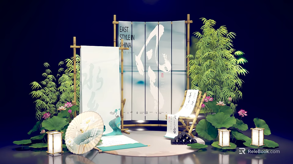 Commercial Equipment Oriental Style Display With Bamboo Lotus Lanterns And Screen For Business Event Setup 3d model 