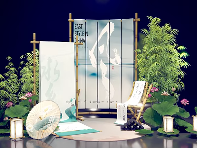 Commercial Equipment Oriental Style Display With Bamboo Lotus Lanterns And Screen For Business Event Setup 3d model