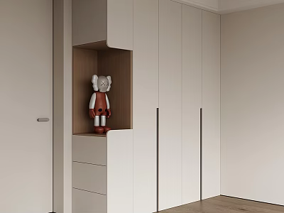 Modern White Wardrobe With Flat Panel Doors And Open Compartment Decorative Figurine 3d model