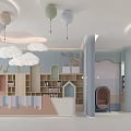 Bright Spacious Kindergarten Hall With Cloud Shaped Chandeliers Balloon Decorations Bookshelves Small Sofas Plants And Soft Colored Walls