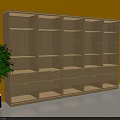 Light Wood Bookcase With Multiple Shelves Bottom Drawers And Green Plant By Orange Wall