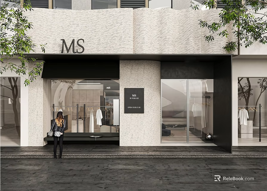 MS Clothing Store Modern Exterior With White Walls Black Frames Shop Window And Displayed Clothes 3d model 