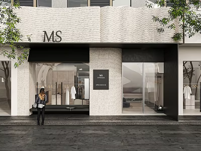 MS Clothing Store Modern Exterior With White Walls Black Frames Shop Window And Displayed Clothes 3d model