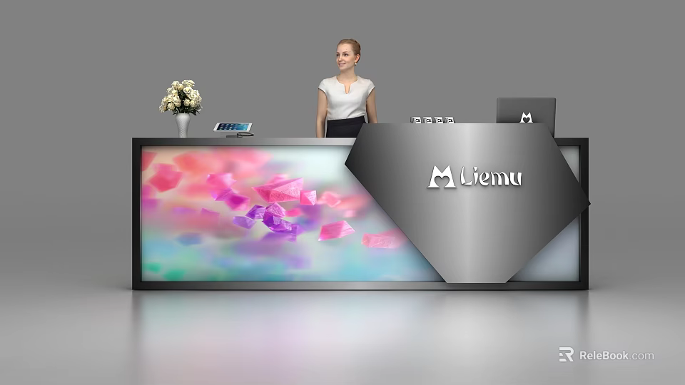 Stylish Reception Desk with Vase Flowers Tablet Colorful Petal Design Livenu Logo and Receptionist 3d model 