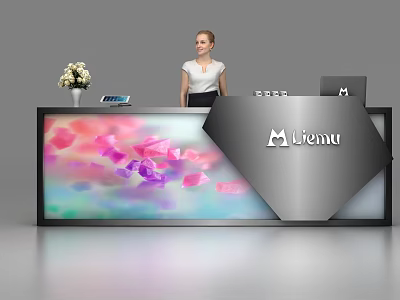 Stylish Reception Desk with Vase Flowers Tablet Colorful Petal Design Livenu Logo and Receptionist 3d model