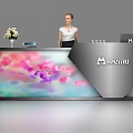 Stylish Reception Desk with Vase Flowers Tablet Colorful Petal Design Livenu Logo and Receptionist