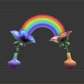 Cartoon Scene With Rainbow Arch Two Flowers In Vases On Colorful Circular Bases And Reflections