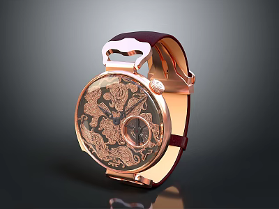 Rose Gold Watch With Maroon Leather Strap And Dragon Pattern Round Dial 3d model