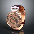 Rose Gold Watch With Maroon Leather Strap And Dragon Pattern Round Dial