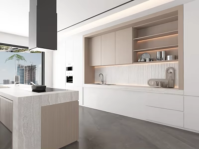 Modern Kitchen Interior Design With Marble Island White Cabinets Large Window And City View 3d model