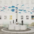 Modern Art Gallery Interior With Colorful Hanging Decorations White Pedestals Sculptures And Paintings