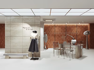 Modern Square Clothing Store Interior With Mannequin Dress Hanging Clothes And Transparent Furniture 3d model