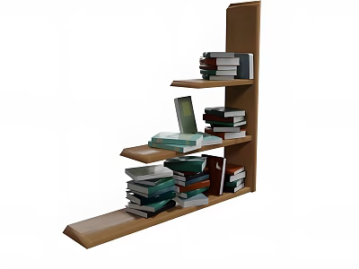 Modern Multilayer Wooden Bookcase With Stacked Books And Laptop On Shelves 3d model