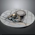 Bronze Sculpture of Man Resting on Circular Stone Pavement with Manhole Cover