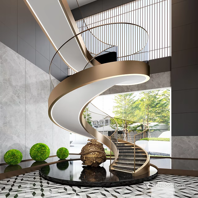 Modern Spiral Staircase with White Steps Golden Railings Green Shrubs and Trees Outside Large Window 3d model 