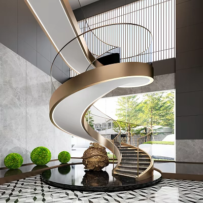 Modern Spiral Staircase with White Steps Golden Railings Green Shrubs and Trees Outside Large Window 3d model