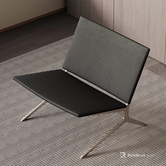 Modern Black Leather Leisure Chair With Metal Frame On Striped Rug And Minimalist Design 3d model 