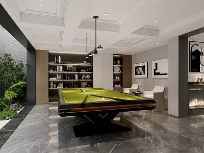 Modern Basement with Billiard Table Bookshelves Seating Greenery Pendant Lights and Marble Floor 3d model
