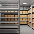 Modern Commercial Kitchen Layout With Stainless Steel Worktables Ceiling Lights And Vegetable Baskets
