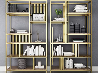Golden Frame Bookshelf with Multiple Shelves Books Green Plant Vases Photo Frame and Decorations 3d model