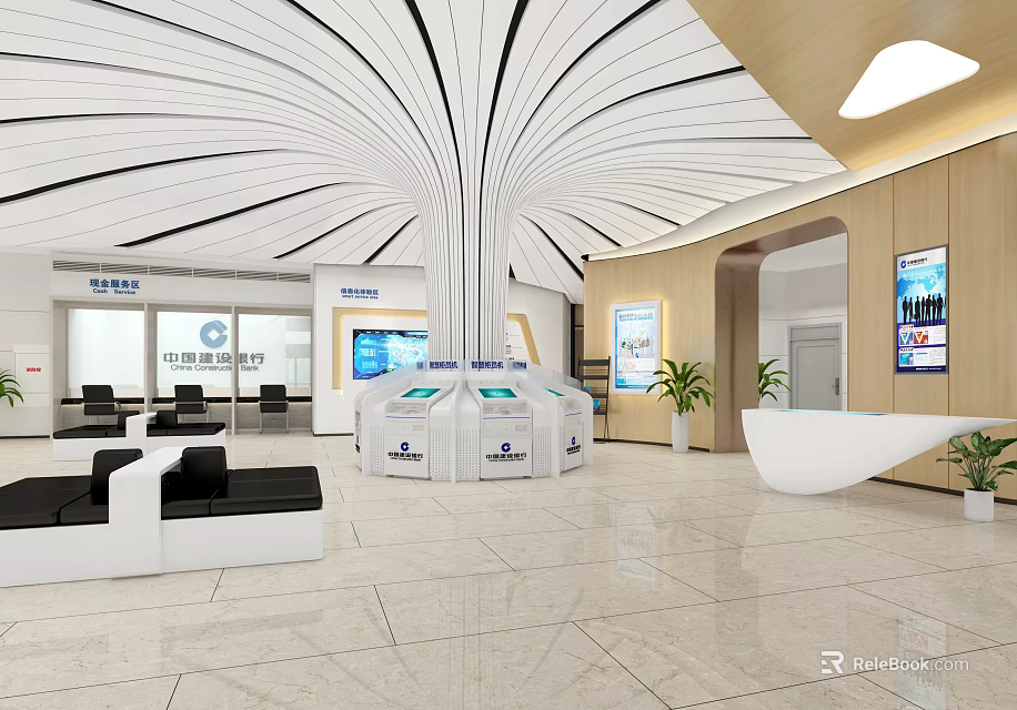 Modern Service Hall Interior with Curved Ceiling Marble Floor Reception Desk and Seating Area 3d model 