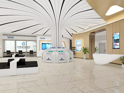 Modern Service Hall Interior with Curved Ceiling Marble Floor Reception Desk and Seating Area 3d model